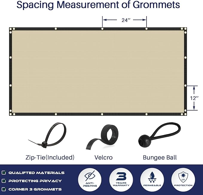 Windscreen4less Privacy Fence Screen Heavy Duty Windscreen Fencing Mesh Fabric Shade Net Cover with Brass Grommtes for Outdoor Wall Garden Yard Pool Deck, 6'x109' Beige