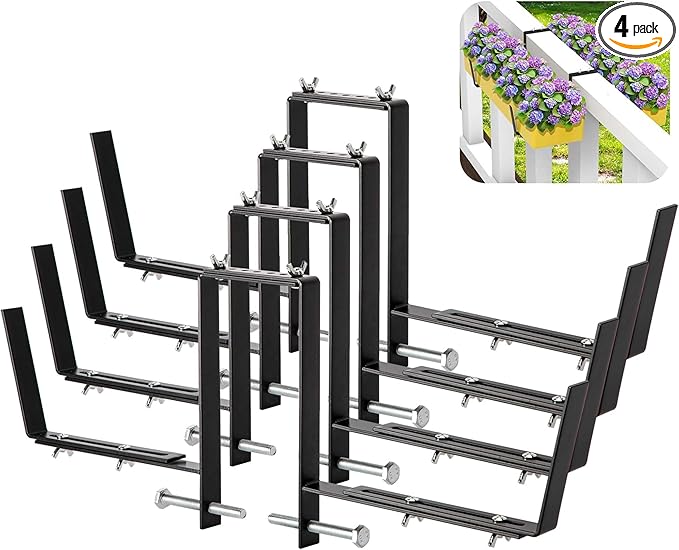 Adnee Set of 4 Double Sided Planter Box Brackets-Adjustable Window Boxes Flower Brackets-Railing Planters Box Brackets for Garden Balcony Window Fence Stairs