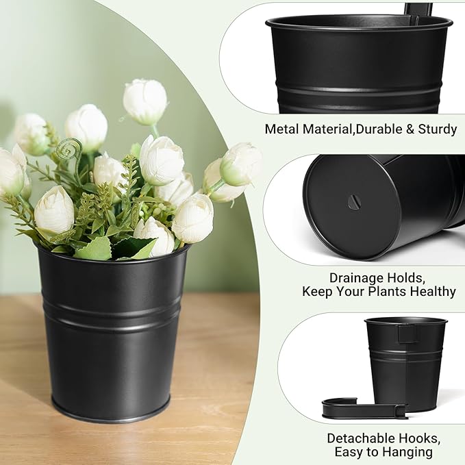 Dahey 5 Pcs Hanging Flower Pots 4 Inches Metal Iron Bucket Outdoor Planter for Railing Fence Balcony Garden Home Decoration Flower Holders with Detachable Hooks, Black