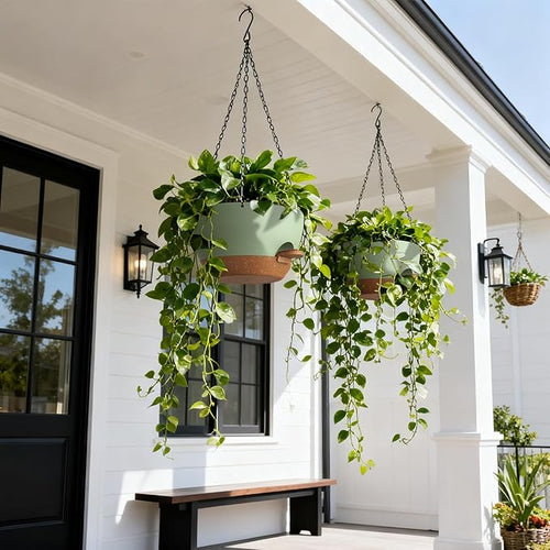 13 Inch 2 Pack Large Self Watering Hanging Planters for Indoor Outdoor Plants, Hanging Plant Pots with Removable 50 Oz Reservoir, Plastic Hanging Basket for Window Porch Garden, Green with Brown