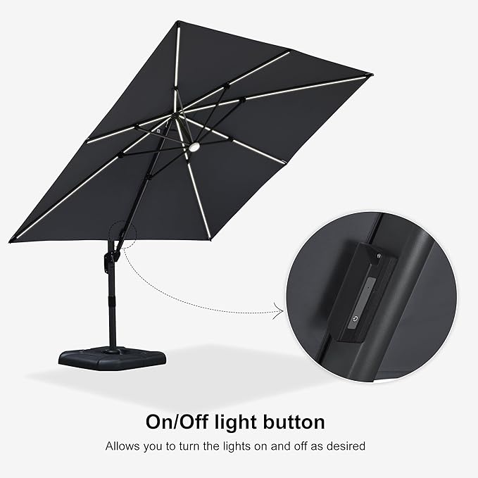 PURPLE LEAF 10 Feet Patio Umbrella Outdoor Cantilever Solar Powered LED Square Umbrella Aluminum Offset Umbrella with 360-degree Rotation for Garden Deck Pool Patio Light Grey