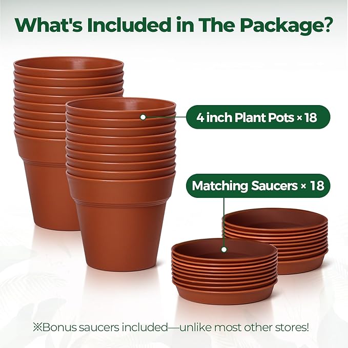 T4U 4 Inch Plant Pots 18-Pack, Small Flower Pots with Saucer and Drainage Hole, Durable Plastic Pots, Nursery Small Flower Pot Bulk for Plants, Succulent, Violet, Decorative (18 Pack 4" Pot)