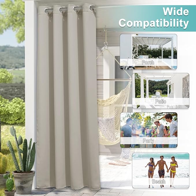 NICETOWN Patio Curtain for Outdoor Waterproof, Stainless Grommet Top Thermal Insulated Sun Blocking Outdoor Drape Privacy for Balcony, UV Protection Outdoor Privacy Blind, W52 x L72, Natural, 1 Panel