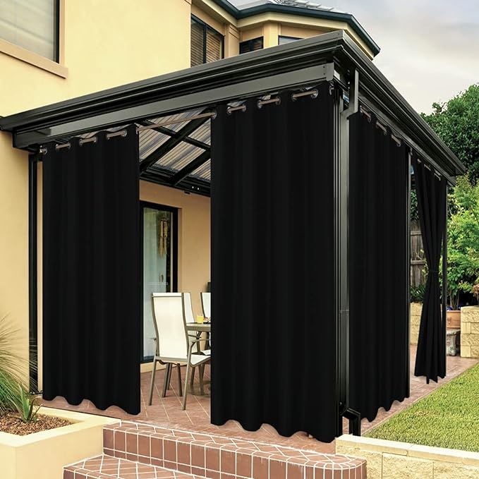 BONZER Waterproof Outdoor Curtains for Patio Porch Pergola Cabana Light Filtering Privacy Grommet Indoor Curtain Panels for Bedroom Living Room, 1 Panel, 84W x 120L inch, Black