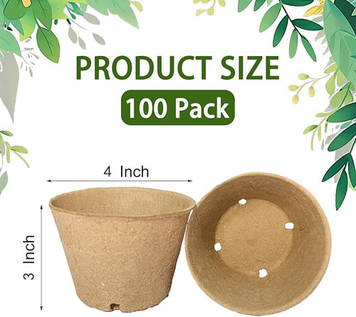 100 Pack 4 Inch Peat Pots, Biodegradable Seed Starter Pots with Drainage Holes for Indoor/Outdoor Gardening, Eco-Friendly Garden Germination Nursery Pots. (100, 4 Inch)
