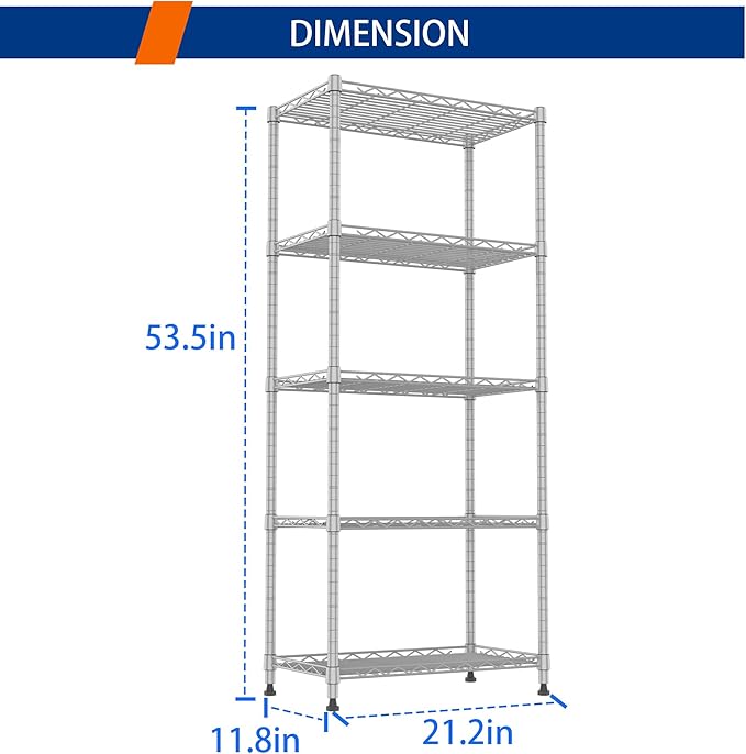 REGILLER 5-Wire Shelving Metal Storage Rack Adjustable Shelves,Standing Storage Shelf Units for Laundry Bathroom Kitchen Pantry Closet(Silver,11.8" D x 21.2" W x 53.5" H)