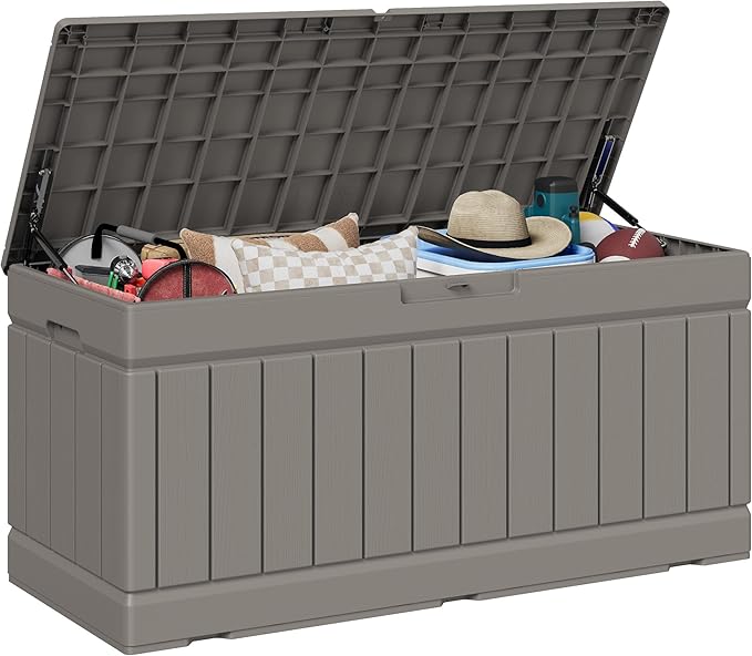 JUMMICO 78 Gallon Outdoor Deck Box Large Resin Storage Box for Patio Furniture Cushions and Garden Tools (Light Brown)