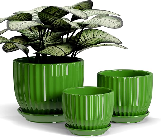 Ton Sin Ceramic Plant Pots,4"+5"+6" Inch,Green Flower Pots with Drainage Holes and Tray,Indoor Planters for Plants Pots,Home Office Decoration GIF for Plants,Succulent Pot Set of 3