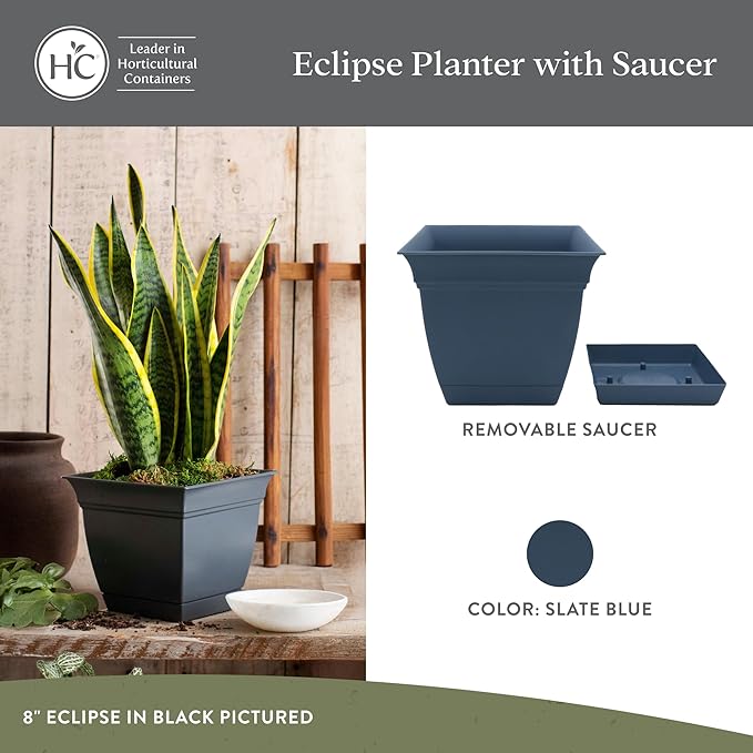The HC Companies 6 Inch Eclipse Square Planter Pots with Drainage Holes & Attached Saucer, Lightweight UV-Resistant Plastic Indoor Outdoor Planters, 4-Pack Flower Pots, Garden Home Decor, Slate Blue