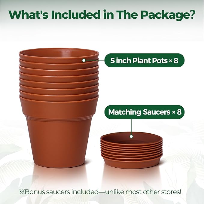 T4U 5 Inch Plant Pot 8-Pack, Plastic Pots with Drainage Hole and Saucer, Decorative Flower Pots Bulk for African Violet, Snake Plant, Succulent and All House Plants Indoor (8pcs 5" Pots)
