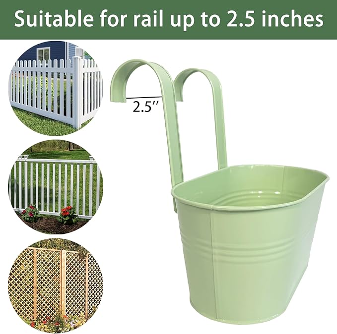 Balcony Hanging Planters Flower Pots, 10" Metal Flower Pots for Outdoor Balcony Rails, Fence Pot Hanging Plant Holders with Detachable Hooks for Garden Patio Yard Decor (Mint Green, 2Pcs)