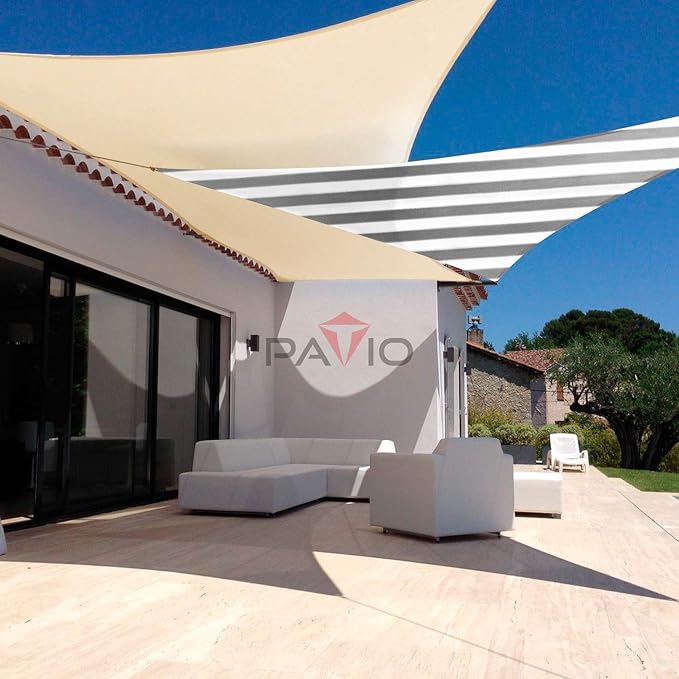 Patio Paradise 4' x 4' x 4' Sun Shade Sail Triangle Canopy Shade Cloth Fabric Sunlight Block Patio Pergola Cover HDPE Deck Awning for Outdoor Backyard Roof Shading, Gray White Strip