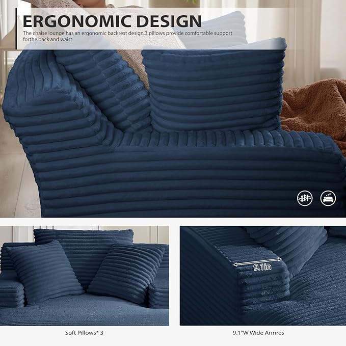 50 Inches Chaise Lounge Indoor, Oversized Chaise Lounge Chair with 3 Throw Pillows and Armrests, Corduroy Upholstered Plush Sofa Bed Lazy Chair Bed Sleeper Chair for Living Room Apartment (Blue)