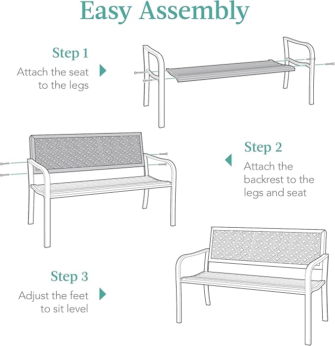 Best Choice Products Outdoor Bench 2-Person Metal Steel Benches Furniture for Garden, Patio, Porch, Entryway w/Geometric Backrest, 790lb Capacity - Sky Blue