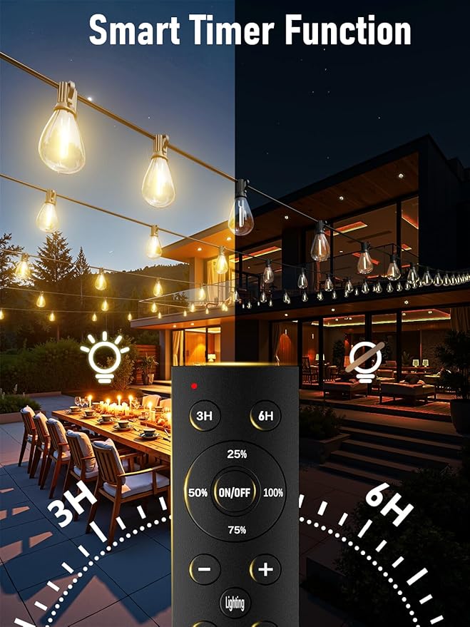 luckystyle 100FT LED Outdoor String Lights with Remote, 35+ 1 Shatterproof Bulbs Waterproof and Dimmable Patio Lights for Porch, Garden, Backyard, Deck, Balcony, 2700K Hanging Lighting
