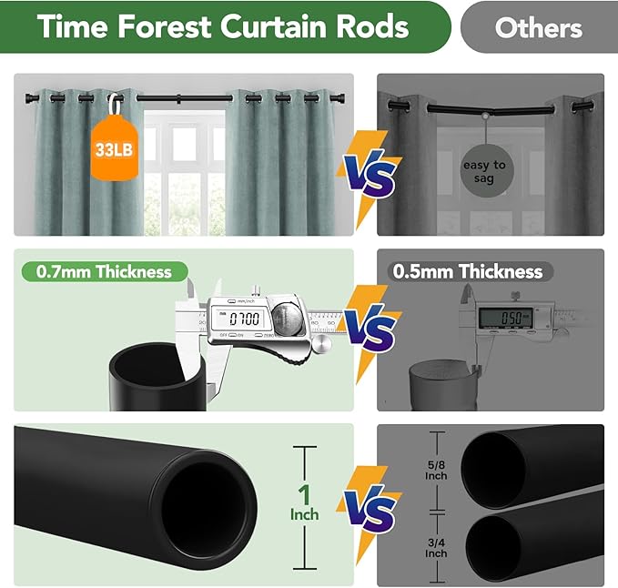 2 Pack Black Curtain Rods for Windows 48 to 84, 1 Inch Adjustable Heavy Duty Long Window Curtain Rod with End Caps, Modern Indoor Outdoor Drapery Rods for Patio Bedroom, Size 32" - 90"