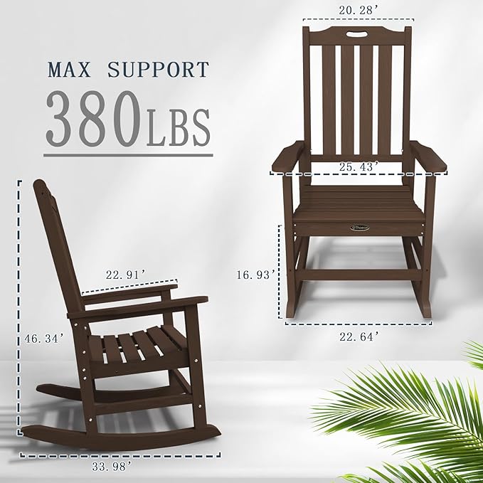 Oversized Rocking Chair Set of 2, Outdoor Rocking Chair for Adults, All Weather Resistant Porch Rocker for Lawn Garden, Brown