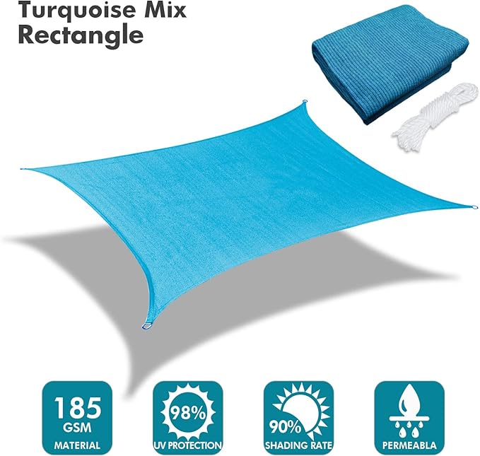 KANAGAWA 16'X24' Turquoise Mix Custom Size Sun Shade Sail Rectangle UV Block Canopy Cover for Patio Backyard Lawn Garden Outdoor (Customized Available)