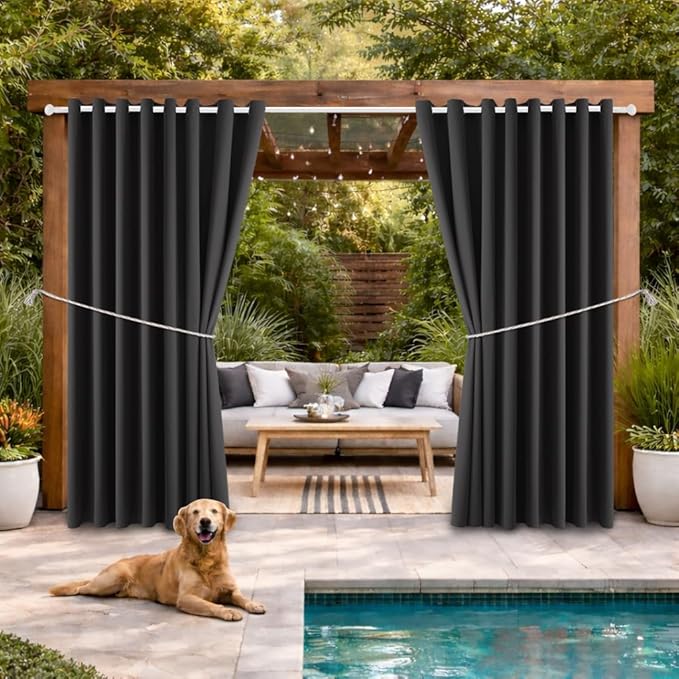 Outdoor Patio Curtain Waterproof Darkening Thermal Insulated Indoor Curtains for Bedroom, Porch, Living Room, Pergola, Cabana, W105 x L120 Extra Wide Room Divider, Dark Gray, Set of 2 Panels