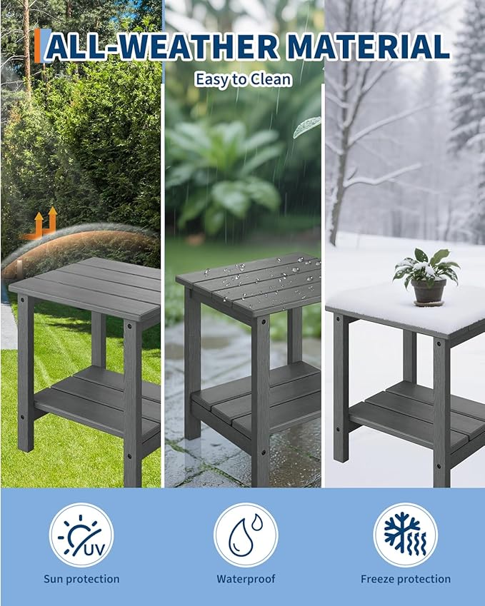 GarveeLife Outdoor Side Table 2-Tier, 18 in HDPE All Weather Resistant Patio Side Tables for Outside, End Table for Patio Pool Deck Indoor Backyard, Grey-2Pcs