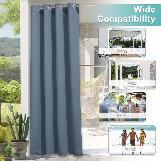 NICETOWN Outdoor Curtainch for Patio Waterproof 84 inch Wide, Thermal Insulated Rustproof Grommet UV Blocking Cabana Curtainch & Drape, Privacy Safe Shade for Gazebo, Stone Blue, 1 PC, 95-Inch Long
