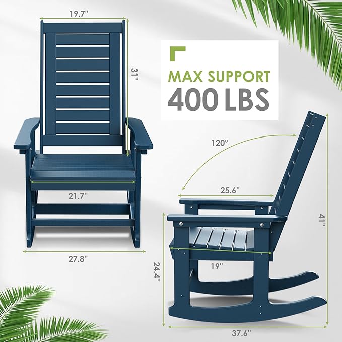 GREENVINES Outdoor Rocking Chairs | Porch Rocker | HDPE Plastic | Blue | Oversized Rockers | High Back | Big & Tall | Ladder Back | for Patio Outside Backyard Balcony Garden
