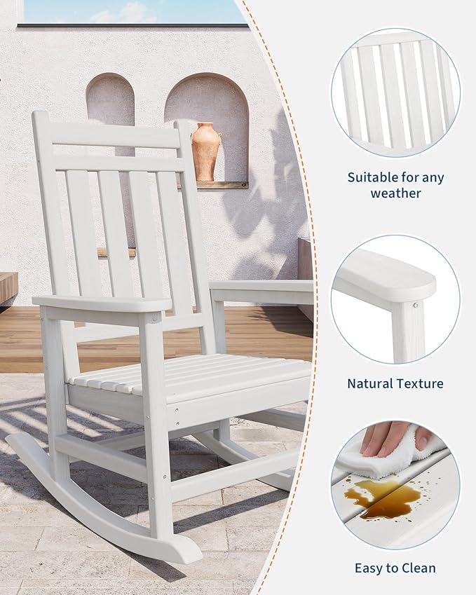 GarveeLife Poly Lumber Rocking Chair Outdoor Set of 4 - HDPE High Back Porch Rocker Chairs for Adults - All Weather Resistant Furniture for Patio - White