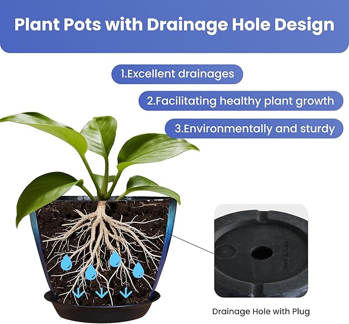 8 inch Plant Pots with Drainage Holes, Pack of 4 Plastic Flower Pots Indoor, Modern Glossy Finishing Planter for Indoor Outdoor Plants (Blue Glaze, 4 Pack)