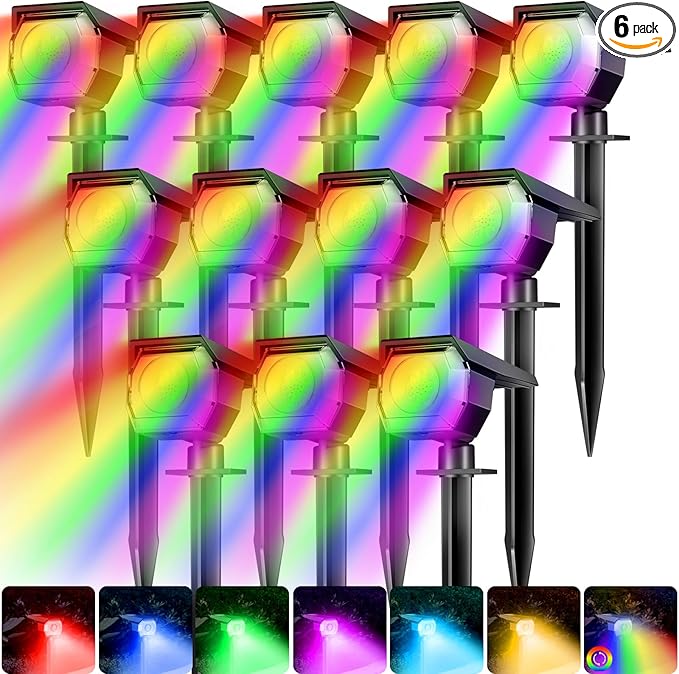 Peasur 6 Pack Solar Spot Lights Outdoor Color Changing, 7 Modes Halloween RGB Solar Powered Waterproof Spotlight, Landscape Lighting for Outside Yard Garden Pathway