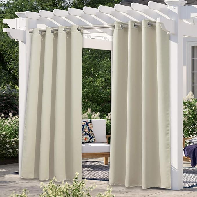 NICETOWN Outdoor Curtain for Patio Waterproof 108" Long, Triple Weave Stainless Steel Silver Grommet Thermal Insulated Privacy Room Darkening for Outdoor Living, Beige, 1 Panel, 52" Wide