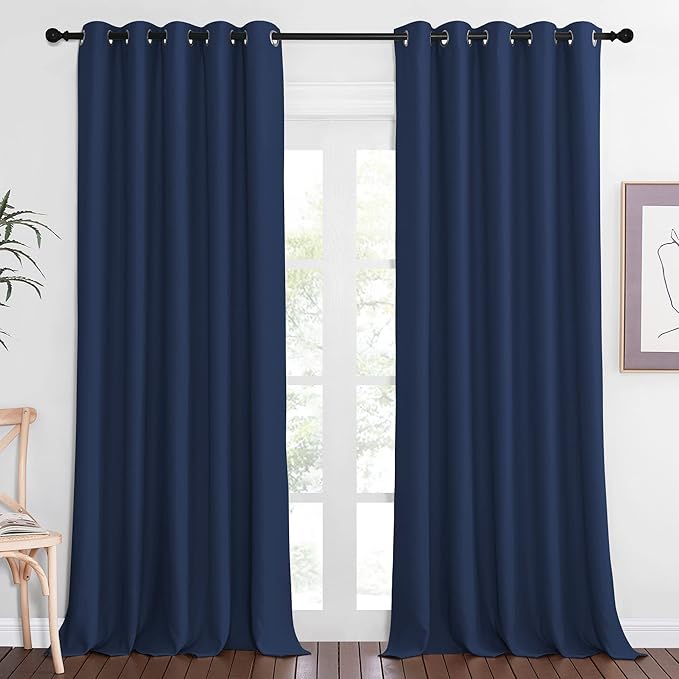 NICETOWN Blackout Curtain Panel for Farmhouse - Window Treatment Energy Saving Thermal Insulated Solid Grommet Room Darkening Doorway Drape for Living Room (Navy, 1 Panel, W66 x L90)