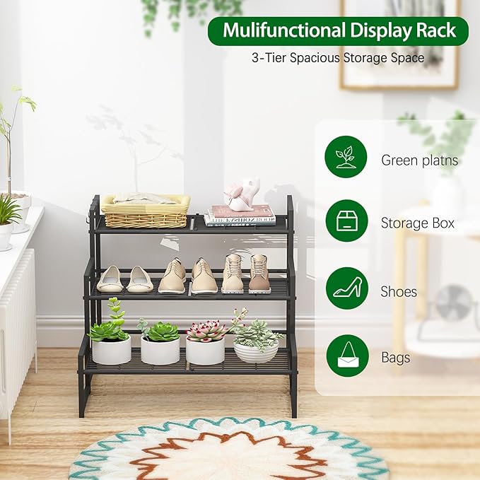 Garden 4 you 3 Tier Metal Plant Stand Outdoor Indoor Waterproof, Stackable Heavy Duty Tall Plant Shelf Flower Pot Holder for Garden, Display Rack, Black