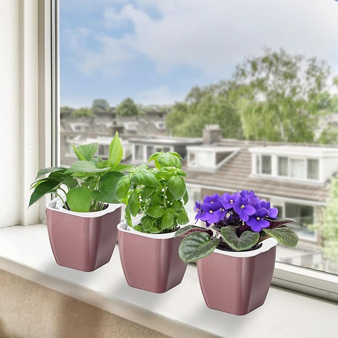 4 Pack Self Watering Pots 4-inch Decorative Flower Planters for Indoor Plants Modern Square planters for Small Plants Window Sill Planters for Succulents, African Violets, Herbs(Rose Gold)