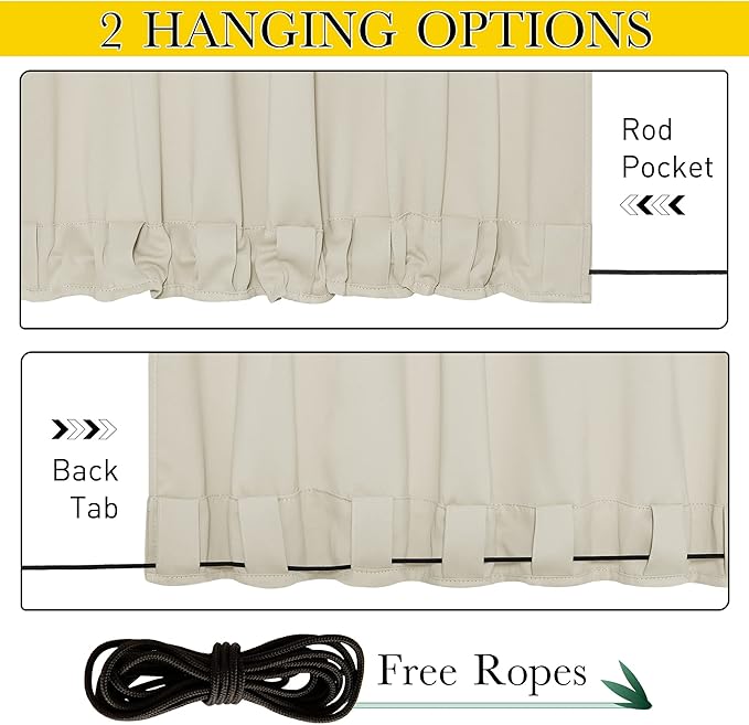 NICETOWN 2 Panels Outdoor Curtains for Patio Waterproof & Windproof, Extra Wide Grommet & Back Tab on Top & Bottom Thermal Insulated Sun Blocking Drapes with Rope for Gazebo, Beige, W100 x L108