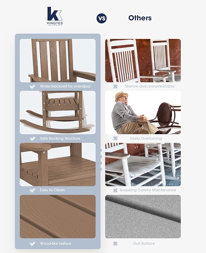 KINGYES Oversized Outdoor Rocking Chair Set of 6, All-Weather Patio Rocking Chairs for Porch, HDPE Outdoor Patio Rockers with High Back & Wide Seat for Garden, Lawn, Brown