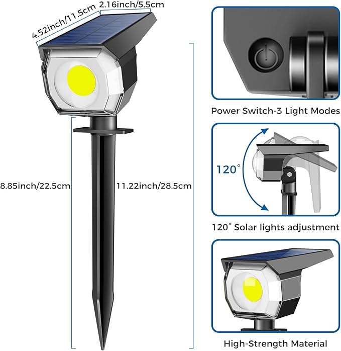 Peasur 1 Pack Solar Spot Lights Outdoor, Solar Spotlights Outdoor Waterproof 2-in-1 Auto On/Off Landscape Lighting for Outside Yard Wall Garden Pathway