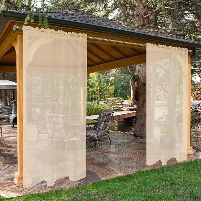 SpaceDresser Waterproof Outdoor Sheer Curtains for Patio - 2 Panels Rod Pocket Indoor Voile Sheer Curtain for Living Room,52W x 84L inch, Beige