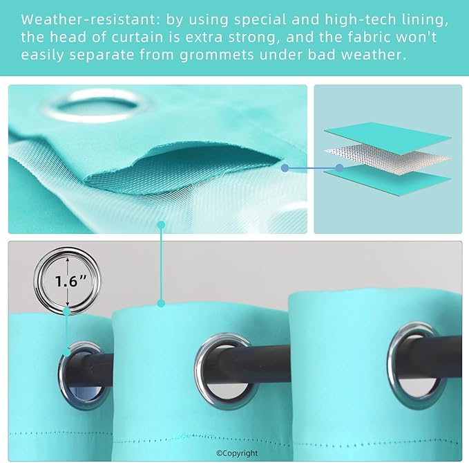 DIVA EN CAMINO DEC Outdoor Patio Curtain Waterproof Darkening Thermal Insulated Indoor Curtains for Bedroom, Porch, Living Room, Pergola, Cabana, W84 x L95, Teal Blue, Set of 2 Panels