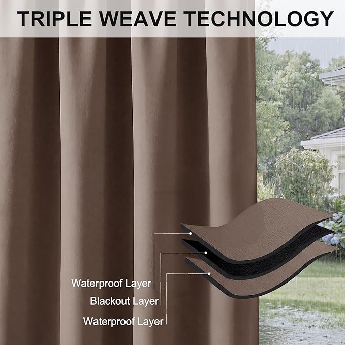 RYB HOME Outdoor Curtains Waterproof - Extra Wide Sun Blocking Insulating Curtains for Garage Patio Door Window Screen Porch Pergola, Wide 150 inches x Long 84 inches, 1 Panel, Mocha