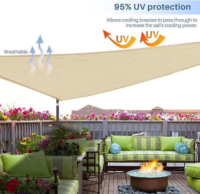 E&K Sunrise 4' x 4' x 4' Sun Shade Sail Triangle Canopy Shade Cover UV Block for Patio Backyard Garden Outdoor (Sand)