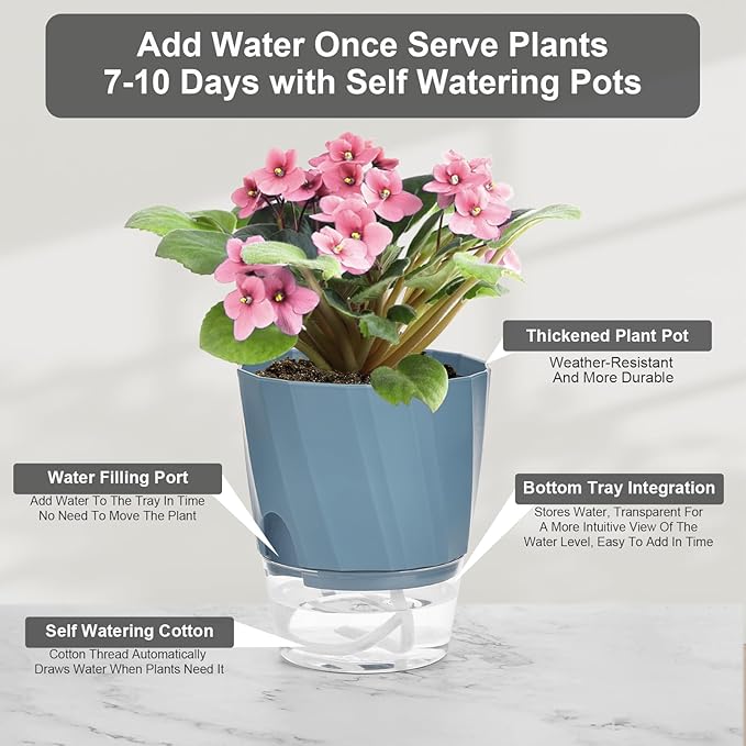 KIMCHOMERSE Self Watering Plant Pots, 4.7 Inch Plant Pots 3 Pack Indoor Planter Pots with Drainage Holes and Tray for Home Decor（White, Pink, Blue）