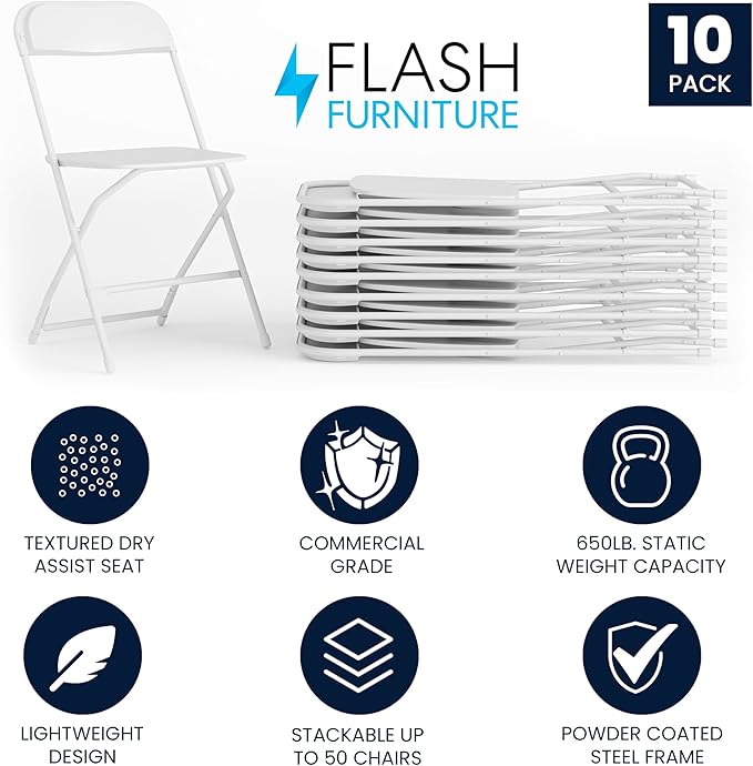 Flash Furniture Hercules Set of 10 Indoor/Outdoor Heavy-Duty Plastic Folding Chairs, Foldable Commercial Stacking Chairs with 650-lb. Static Weight Capacity, White