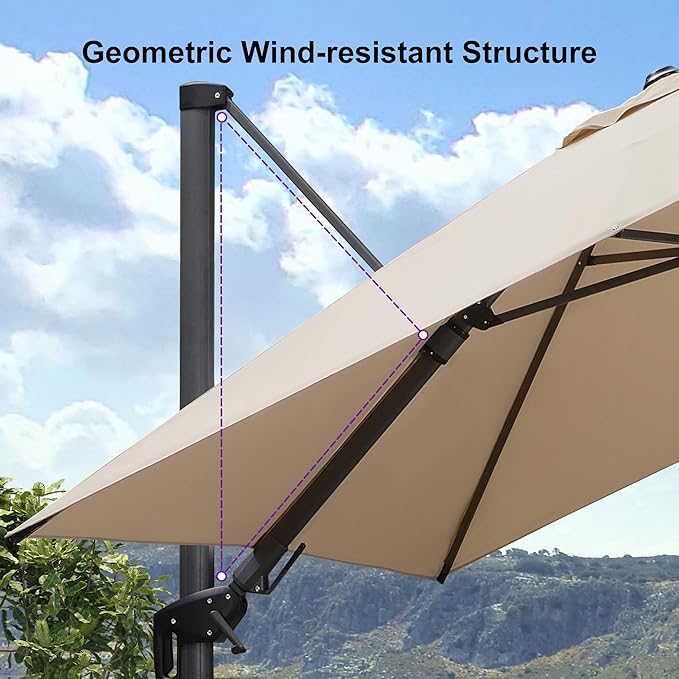 PURPLE LEAF 10' X 10' Left-right Tilting Patio Umbrella Outdoor Cantilever Swivel Square Umbrella with Tilt Aluminum Offset Umbrella with 360-degree Rotation for Garden Deck Pool Patio Beige