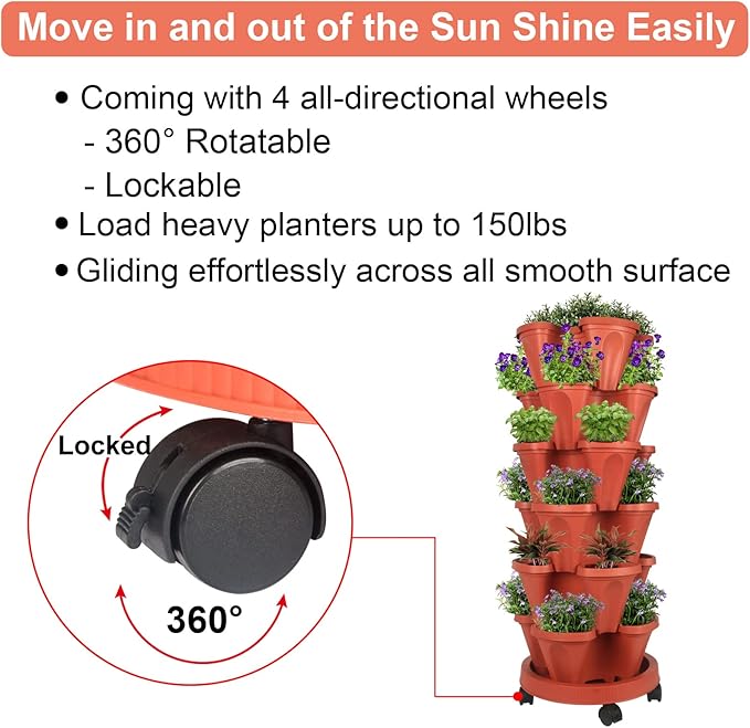 GameXcel Vertical Planter 6 Tier Stackable Planters Garden Planters Strawberry Herb Flower and Vegetable Planter Indoor Outdoor Gardening Pots with Removable Wheels and Tools 2-Pack