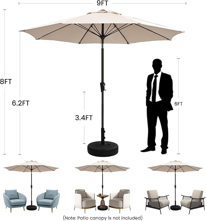 Ayge 9FT Large Outdoor Patio Umbrella Market Table Umbrella-UV Resistant, Easy Push Button Tilt and Crank, 8 Sturdy Fiberglass Ribs Heavy-Duty Pool Umbrella for Deck, Backyard,Garden,Grey