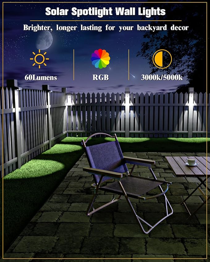 Solar Fence Lights 8 Pack, 50 Lumens Outdoor Fence Solar Lights with 12 Modes RGB Color Glow LED Solar Lights Outdoor Waterproof, Solar Lights for Patio, Backyard, Deck, Fence, Railing.