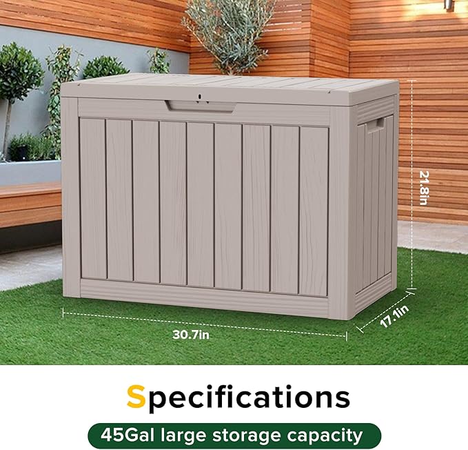 TARKARI 45 Gallon Lockable Resin Deck Box, Waterproof & UV-Resistant Outdoor Storage Box for Outdoor Cushion Storage, Garden Tools & Pool Accessories Storage, Gray