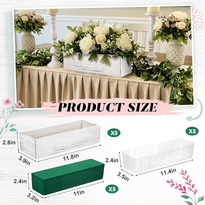 Dandat 5 Set Wood Boxes for Centerpieces 12x4 Inch Rectangle Wooden Planter Box Rustic Wooden Planters with Removable Plastic Liner Floral Foam Blocks for Christmas Wedding Home Garden Decor(White)