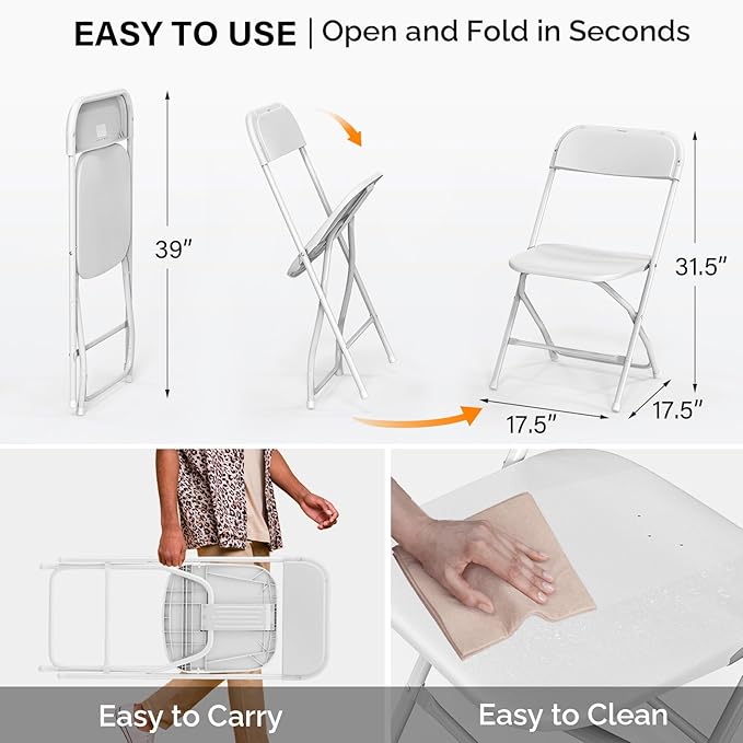 VINGLI 20 Pack White Plastic Folding Chair, Indoor Outdoor Portable Stackable Commercial Seat with Steel Frame 350lb. Capacity for Events Office Wedding Party Picnic Kitchen Dining