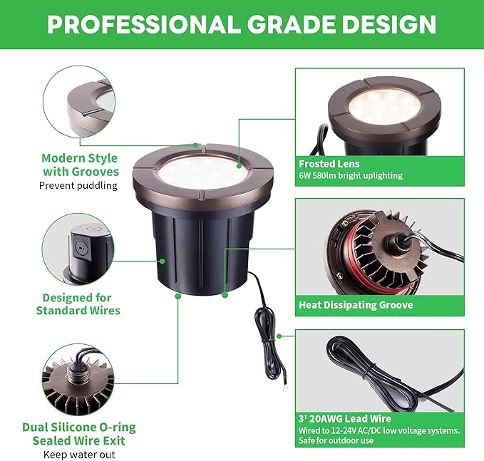 Low Voltage Well Lights LED, Bright 12V Landscape Lights Outdoor IP67 Waterproof, 4" Wired in-Grade Uplights Aluminum ORB for Path Yard 6W 580LM 10 Pack